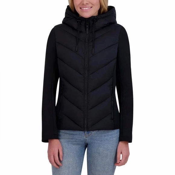 ❤️DKNY Women's Puffer Jacket Scuba Sleeves Mixed Media Black size L 
New WithTag - Picture 10 of 12